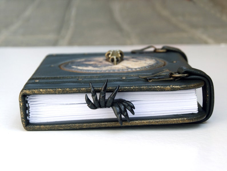 May include: A dark teal leather-bound journal with a brass clasp and decorative trim. A black claw-shaped bookmark is inserted into the pages. The journal has a vintage, gothic aesthetic.