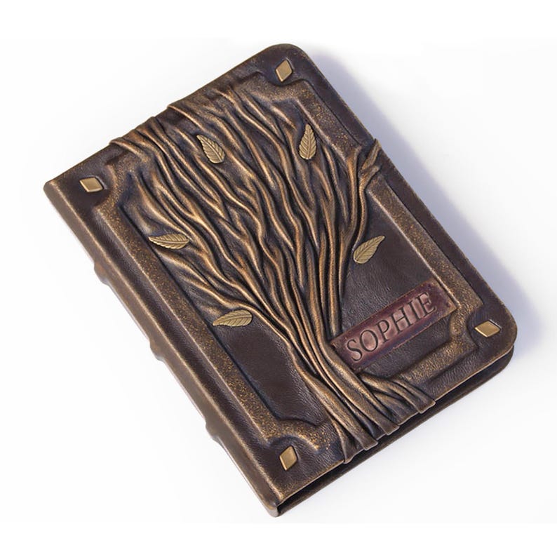 Personalized leather journal Tree Of Life, 3D cover with nameplate