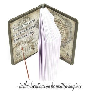 May include: Open journal with a distressed, vintage-style cover. The cover features text that reads "Customize your journal with your name, initials, favorite quote or text." The journal's pages are white, and the cover is a muted green.