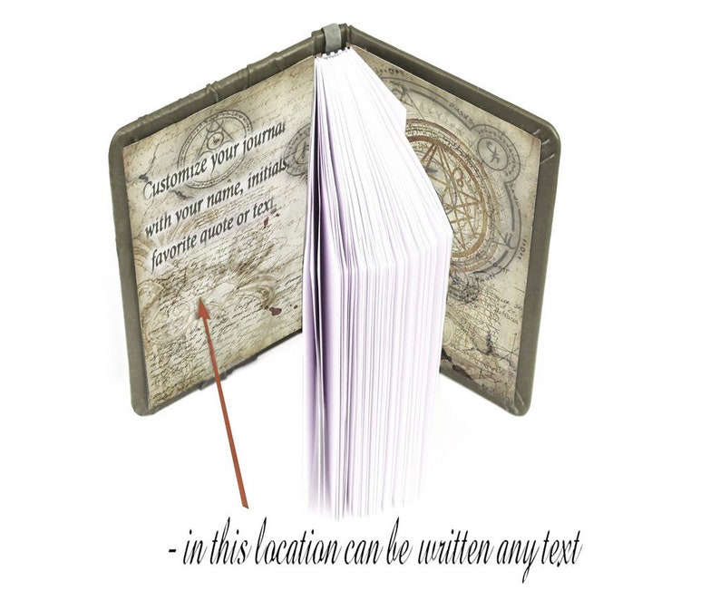 May include: Open journal with a distressed, vintage-style cover. The cover features text that reads "Customize your journal with your name, initials, favorite quote or text." The journal's pages are white, and the cover is a muted green.