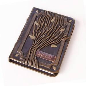 Personalized leather journal Tree Of Life, 3D cover with nameplate