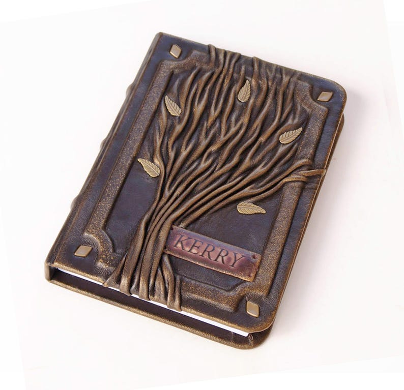 Personalized leather journal Tree Of Life, 3D cover with nameplate