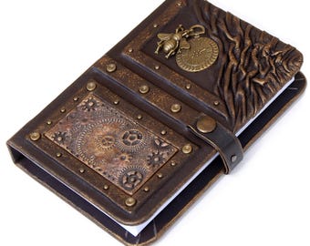 Handmade Steampunk Leather Journal: Bee & Clock, Personalized Notebook