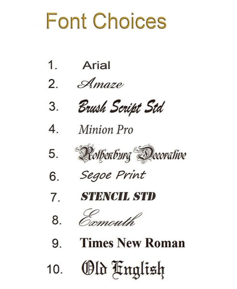 May include: A list titled Font Choices displaying ten numbered options: 1. Arial, 2. Amaze, 3. Brush Script Std, 4. Minion Pro, 5. Rothenburg Decorative, 6. Segoe Print, 7. STENCIL STD, 8. Exmouth, 9. Times New Roman, and 10. Old English.