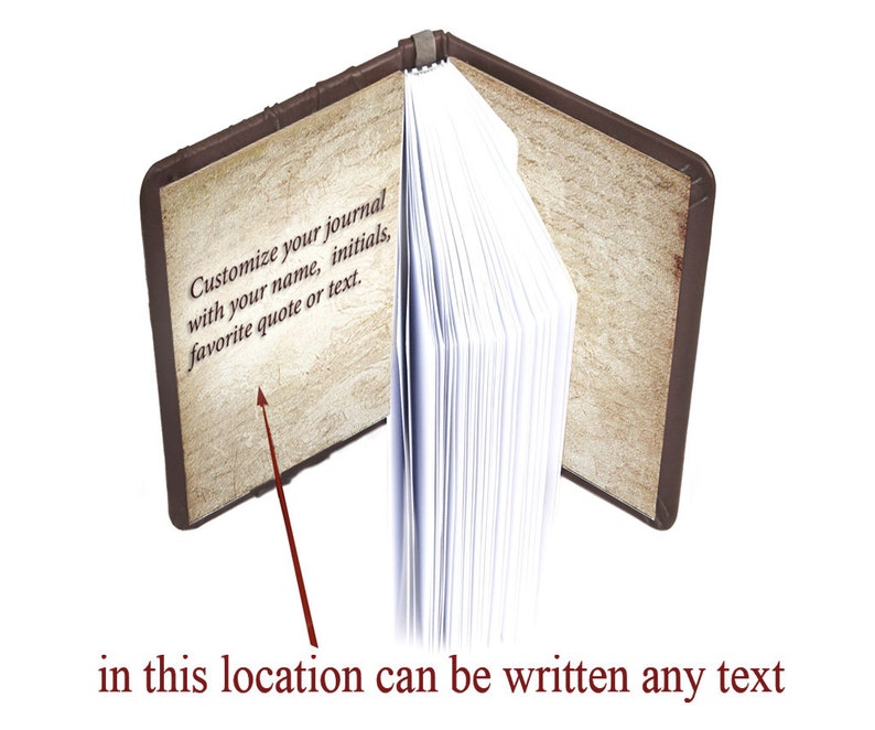 May include: A brown journal with white pages, featuring an open cover displaying the text: Customize your journal with your name, initials, favorite quote or text. A red arrow points to the inner cover, with the text: in this location can be written any text.