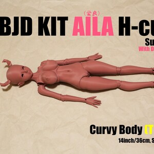 May include: A pink BJD doll kit labelled "AILA H-cup Succubus With Daemon Horn." The doll is a curvy body type, 36cm tall, and is a Short 1/4 Doll. The doll is lying down on a light beige surface.
