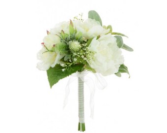 White Peony & Rose Bridal Bouquet with Thistle and Gypsophilia, artificial bouquet, artificial peony, wedding bouquet, faux flowers
