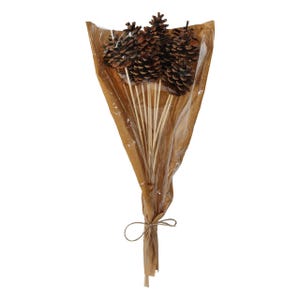 May include: A bundle of brown pine cones on wooden sticks, wrapped in brown paper and tied with twine. The pine cones are a natural brown colour and have a textured surface. The paper wrapping is a light brown colour.
