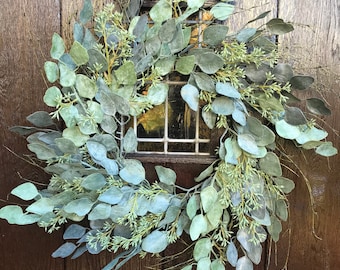 Ferris Heart Sloane  Artificial Eucalyptus Door Wreath, faux eucalyptus wreath, green eucalyptus