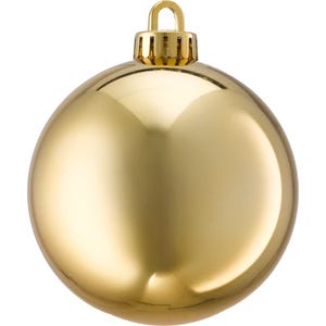 May include: A glossy, gold Christmas bauble with a reflective surface. The bauble is spherical with a gold cap and a loop for hanging. The overall theme is festive and decorative.