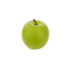 May include: A single green apple with a brown stem.