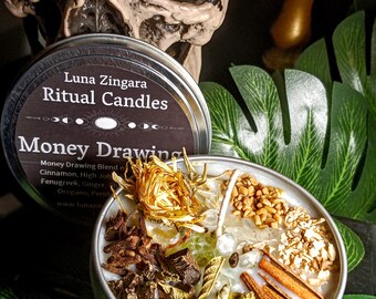 Ritual Money Candle, Money Drawing Candle, Herb Topped Candle, Crystal Topped Candle, Money Spell Candle, Prosperity Candle, Good Fortune