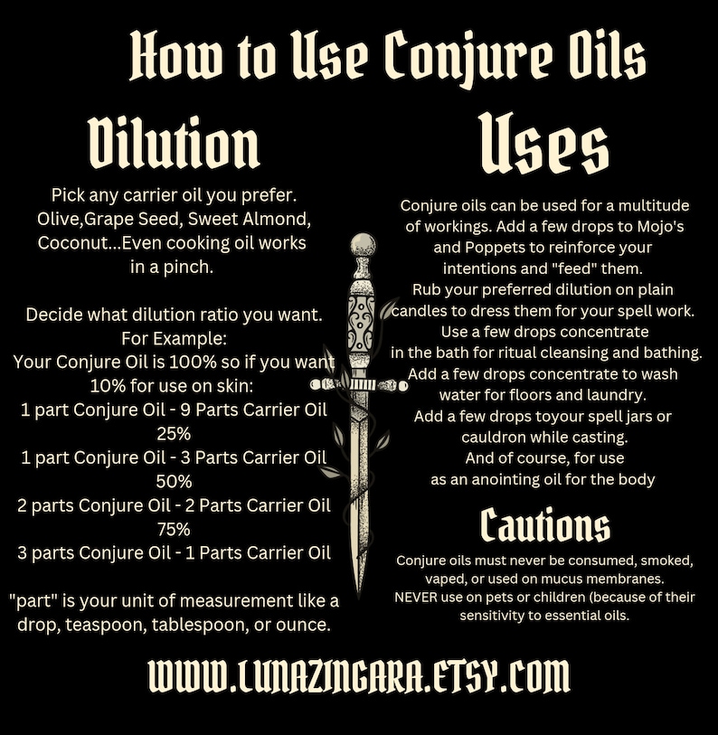 May include: A guide on how to use conjure oils for various purposes, including spell work, cleansing, and anointing. The guide includes dilution ratios for different uses and cautions about using conjure oils.