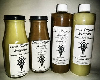 Natural Shampoo and Conditioner. Cruelty free, coconut milk, marshmallow root, slippery elm, chemical free, SLS free, African Haircare