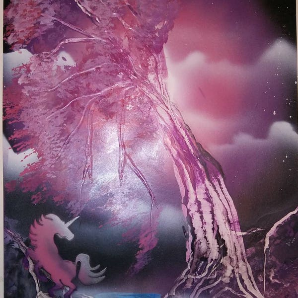 Unicorn Moon. Fantasy. Spray paint poster. Spray paint art. Viral spray paint art. Unicorn. Beach. Landscape. Waterfall. Cherry blossom tree