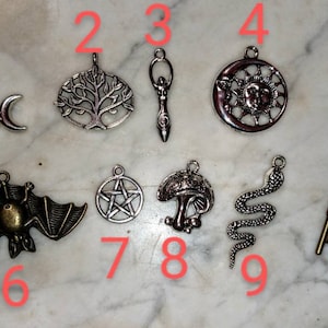 May include: Nine silver and bronze charms with various designs, including a tree of life, a crescent moon, a pentagram, a snake, a bat, a mushroom, a key, a sun and moon, and a wand.