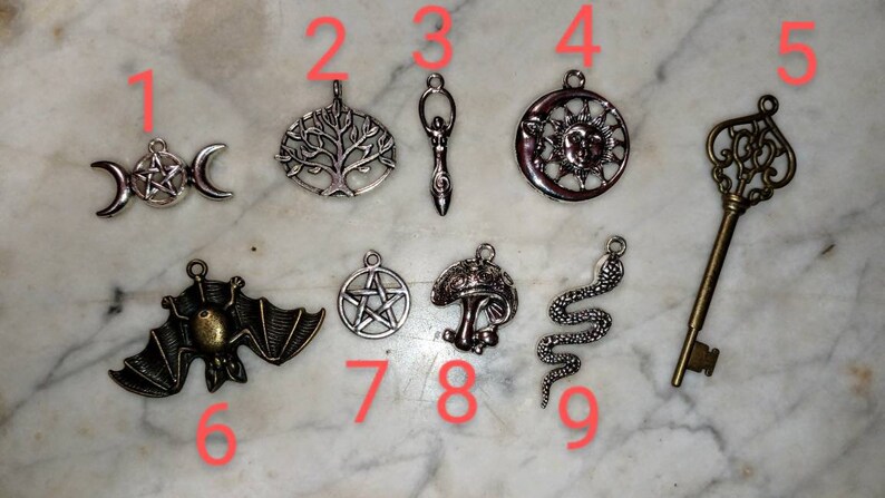 May include: Nine silver and bronze charms with various designs, including a tree of life, a crescent moon, a pentagram, a snake, a bat, a mushroom, a key, a sun and moon, and a wand.
