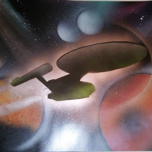 Enterprise... Star Trek. Tos. Ncc-1701. Spacescape. Fantasy art. Space painting. Spray paint poster. Original art. Star trek galaxy art.