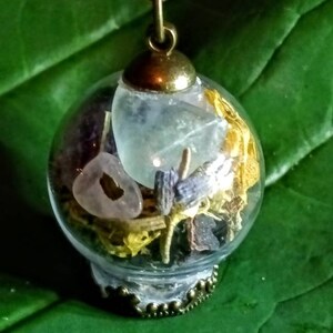 May include: A gold chain necklace with a glass orb pendant filled with dried flowers, crystals, and herbs. The orb is clear and has a gold-toned metal rim.
