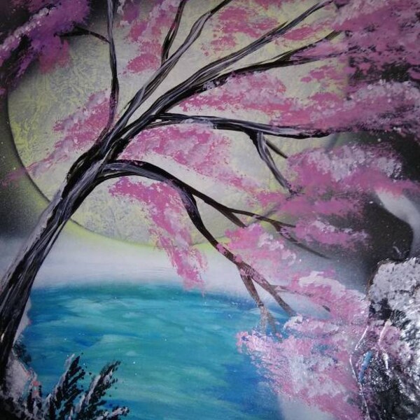 In Bloom. Spray paint poster. Original art. Cherry blossom tree. Moon. Galaxy. Landscape. Japanese. Fantasy art. Yoga. Meditation. Graffiti