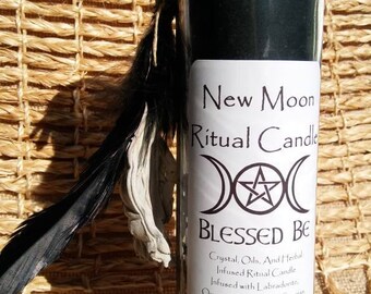 New Moon Ritual Candle... New Moon Spells. Moon Phase Candle. Witches Spell Candle. Crystal Infused Candle. Herbal Infused Candle. Wiccan