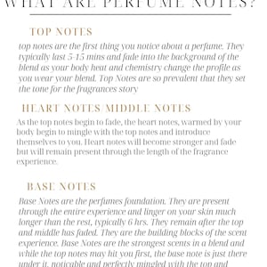Puede incluir: Un gr&aacute;fico de texto blanco sobre un fondo rosa claro explica los diferentes tipos de notas de perfume: notas de cabeza, notas de coraz&oacute;n y notas de fondo. El texto incluye la direcci&oacute;n del sitio web www.LunaZingara.Etsy.com.
