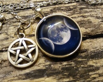Triple Moon Goddess, triple moon pendant, pentacle moon pendant, goddess pendant, wiccan pendant, witches pendant, moon, astronomy, pagan