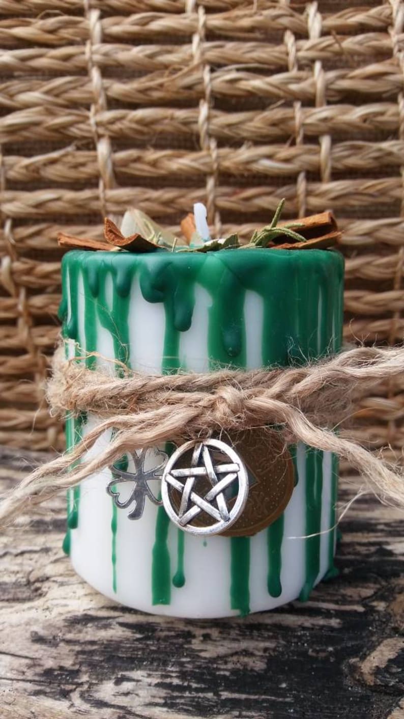 Money Spell Candle, prosperity spell, good fortune candle, good luck candle, Herbal Candle, Wiccan Spell Candles, money drawing candle afbeelding 2