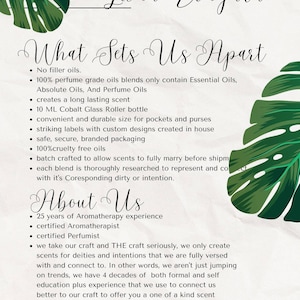 Puede incluir: Un fondo blanco con hojas verdes y texto negro. El texto dice "The Perfumery at Luna Zingara" y "What Sets Us Apart". El texto enumera las caracter&iacute;sticas de la perfumer&iacute;a, incluyendo el uso de aceites esenciales, ingredientes libres de crueldad y un enfoque en la creaci&oacute;n de aromas para deidades e intenciones.