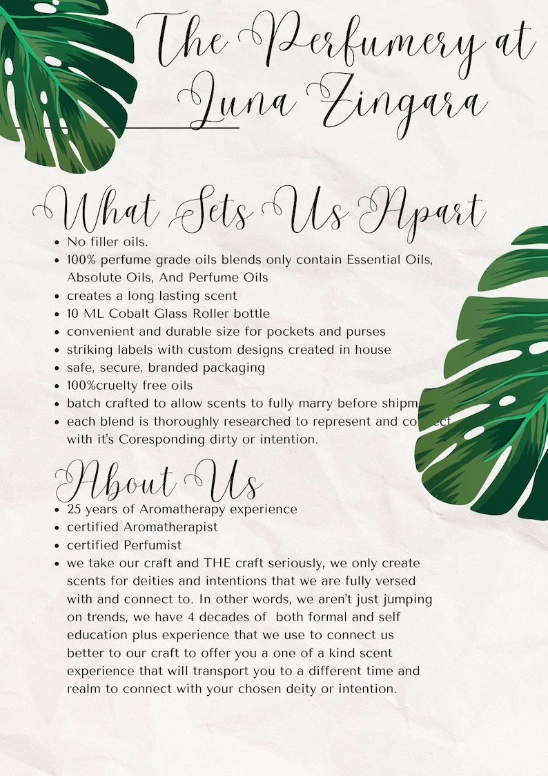 Puede incluir: Un fondo blanco con hojas verdes y texto negro. El texto dice "The Perfumery at Luna Zingara" y "What Sets Us Apart". El texto enumera las caracter&iacute;sticas de la perfumer&iacute;a, incluyendo el uso de aceites esenciales, ingredientes libres de crueldad y un enfoque en la creaci&oacute;n de aromas para deidades e intenciones.