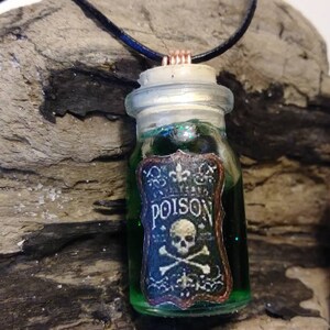 May include: A green glass bottle necklace with a cork stopper and a black leather cord. The bottle has a label that says "Poison" with a skull and crossbones.