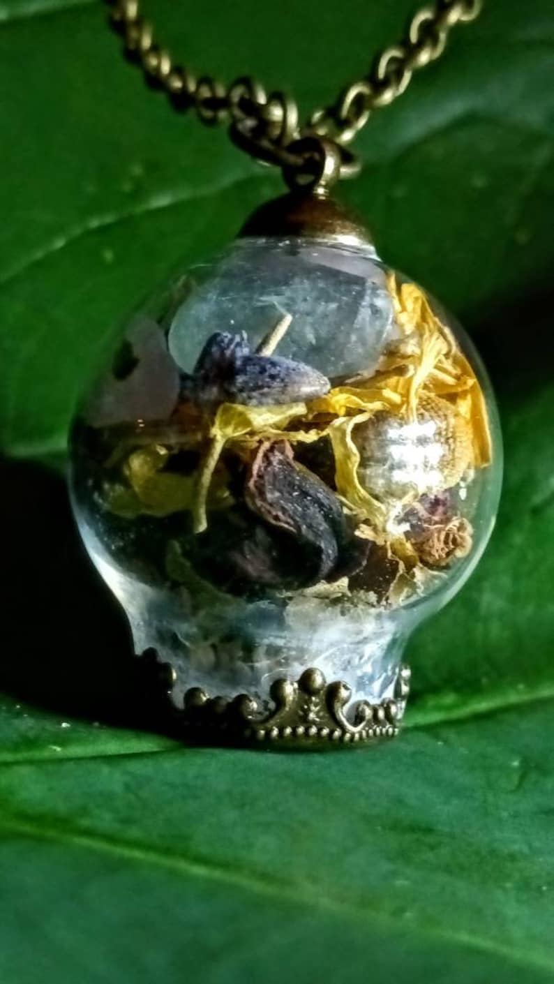 May include: A gold chain necklace with a clear glass pendant containing dried flowers and herbs. The pendant has a gold crown-shaped base.