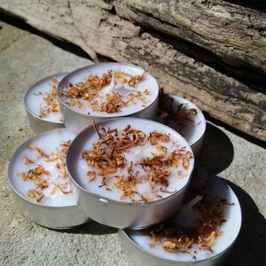 May include: A stack of four white tea light candles with a brown, cinnamon-like topping. The candles are on a gray concrete surface.