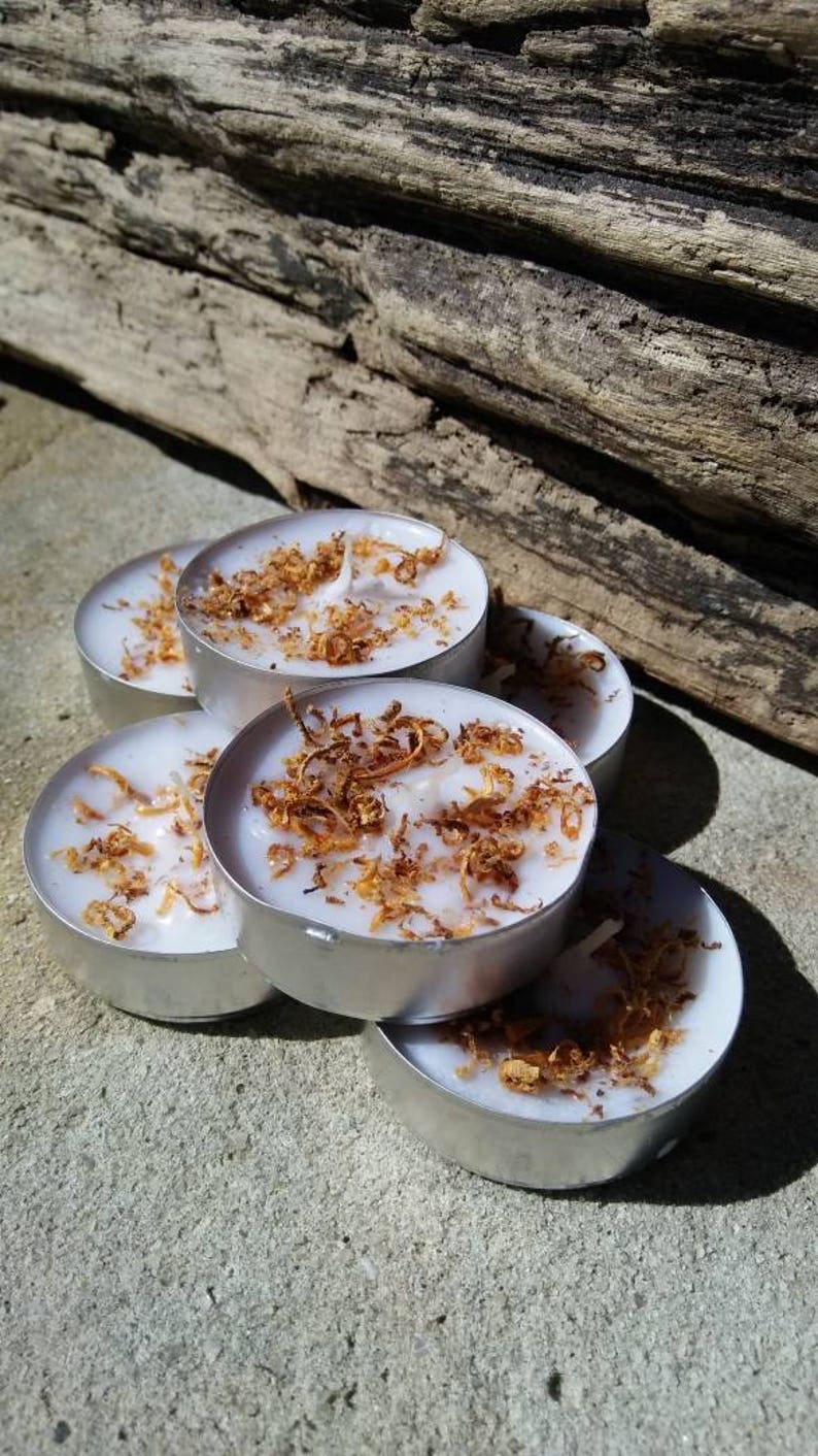 May include: A stack of four white tea light candles with a brown, cinnamon-like topping. The candles are on a gray concrete surface.