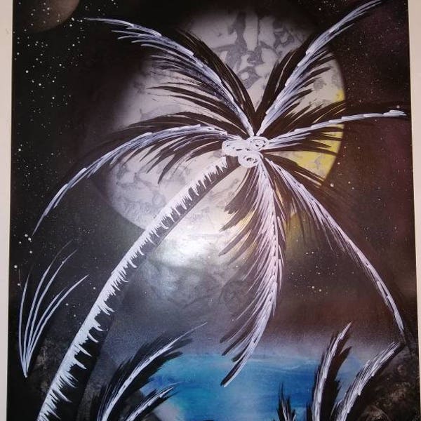 On the Beach. Spray paint art. Poster. Original art. Palm tree. Beach. Galaxy. Spacescape. Landscape. Stars and moon. Fantasy. Painting