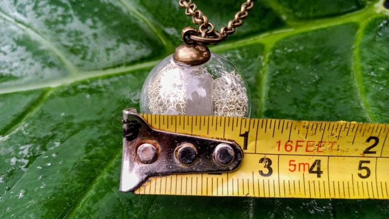 May include: A clear glass orb pendant necklace with a silver-colored, textured material inside. The pendant is approximately 1 inch in diameter and hangs from a gold-colored chain.