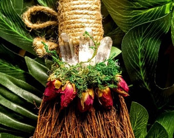 Altar Besom, Witches Besom, Witch Broom, Altar Broom, Cinnamon Broom, Crystal Witch Broom, Crystal Altar Broom, Quartz Altar Besom, Roses