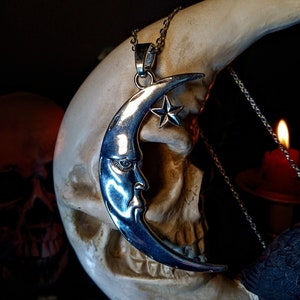 Crescent Moon Amulet, Man in the Moon Pendant, Moon Pendant, Witchy Moon Pendant, Big Moon Pendant, Silveroon Necklace, Goth Moon Pendant