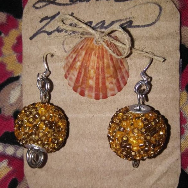 Jesse James Beads Golden Seed Bead and Silver plated earrings. Large, Shimmering,  Statement earrings. Hand wired. Gift ready package. Ooak