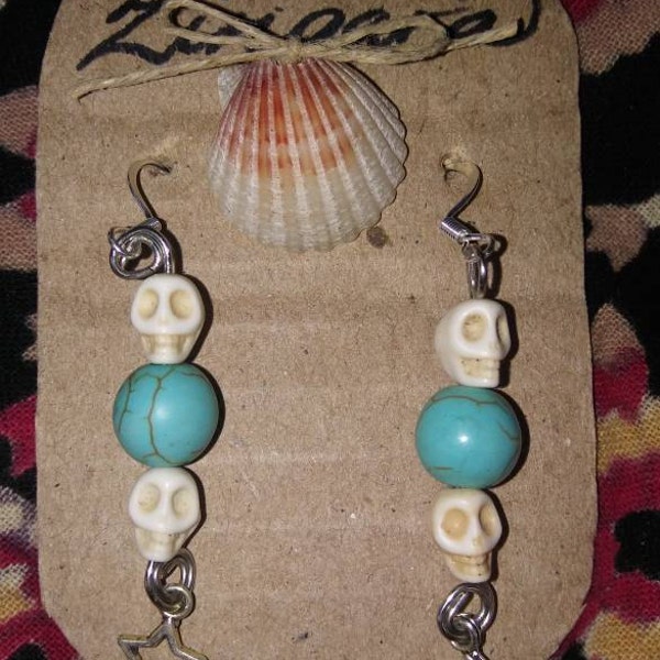 Turquoise and Skull Feather Dangle Earrings. Hippie. Boho. Gypsy. Wiccan. Sexy. Earrings. Stone Skulls and Beads. Vegan earrings. Ooak