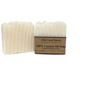 100% Coconut Oil Soap, Handmade Soap is an Unscented Coconut Soap, made with Organic Coconut and is a Vegan Soap Bar. The soap has a natural white soap color. The soap bar is 4.5 oz.