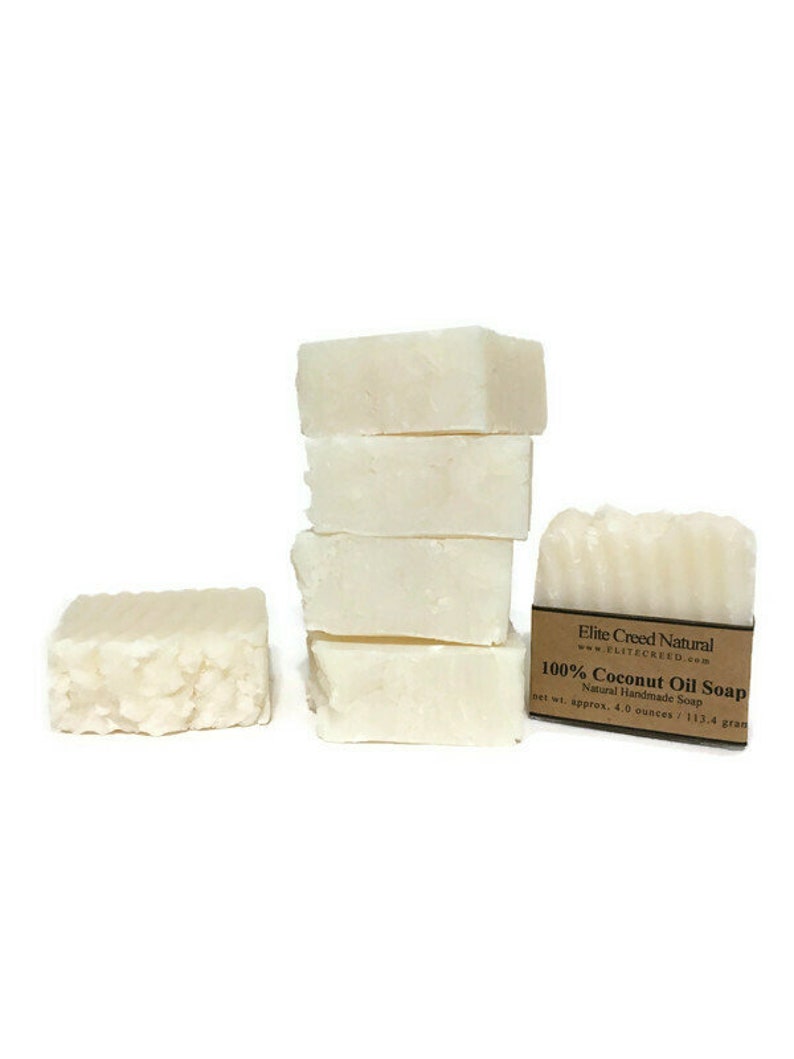 100% Coconut Oil Soap, Handmade Soap is an Unscented Coconut Soap, made with Organic Coconut and is a Vegan Soap Bar. The soap has a natural white soap color. The soap bar is 4.5 oz.