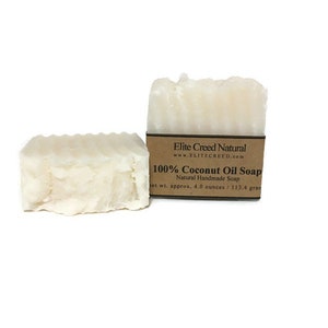 100% Coconut Oil Soap, Handmade Soap is an Unscented Coconut Soap, made with Organic Coconut and is a Vegan Soap Bar. The soap has a natural white soap color. The soap bar is 4.5 oz.