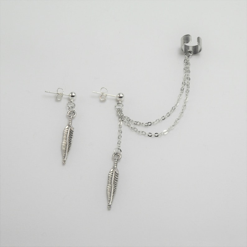 Silver Ear Cuff Chain Ear Cuff Feather Ear Cuff Non Pierced Etsy