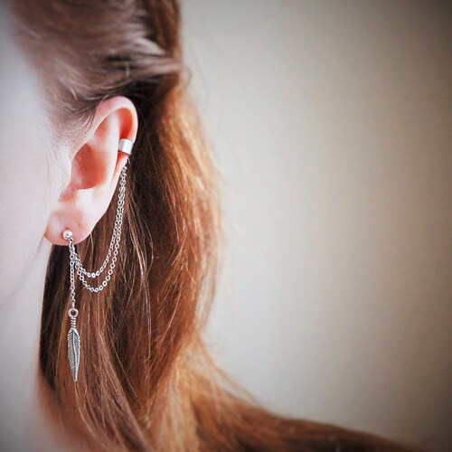 Silver Ear Cuff Chain Ear Cuff Feather Ear Cuff Non Pierced Etsy