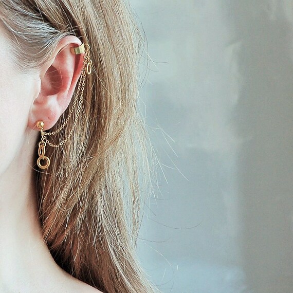 Cartilage Chain Stud Earring With Helix Hoop No Piercing Helix Chain Earring Gold Cartilage Chain Ear Cuff