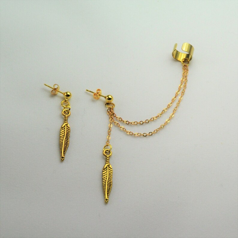 Cartilage Chain Earrings Fake Ear Cuff Feather Earrings Etsy