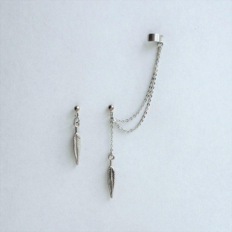 Silver Ear Cuff Chain Ear Cuff Feather Ear Cuff Non Pierced Etsy