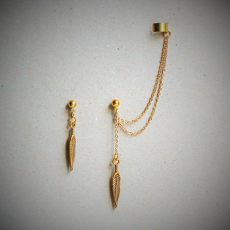 Cartilage Chain Earrings Fake Ear Cuff Feather Earrings Etsy