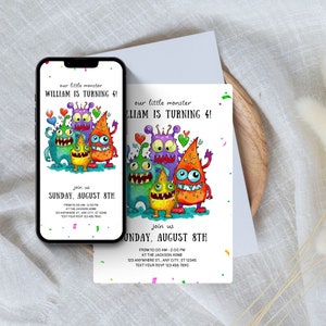 Invitación editable para fiesta de monstruos / Invitación con lindos monstruos malvados para niños con acuarela / Dibujos animados coloridos / Invitación para celebrar el cuarto cumpleaños
